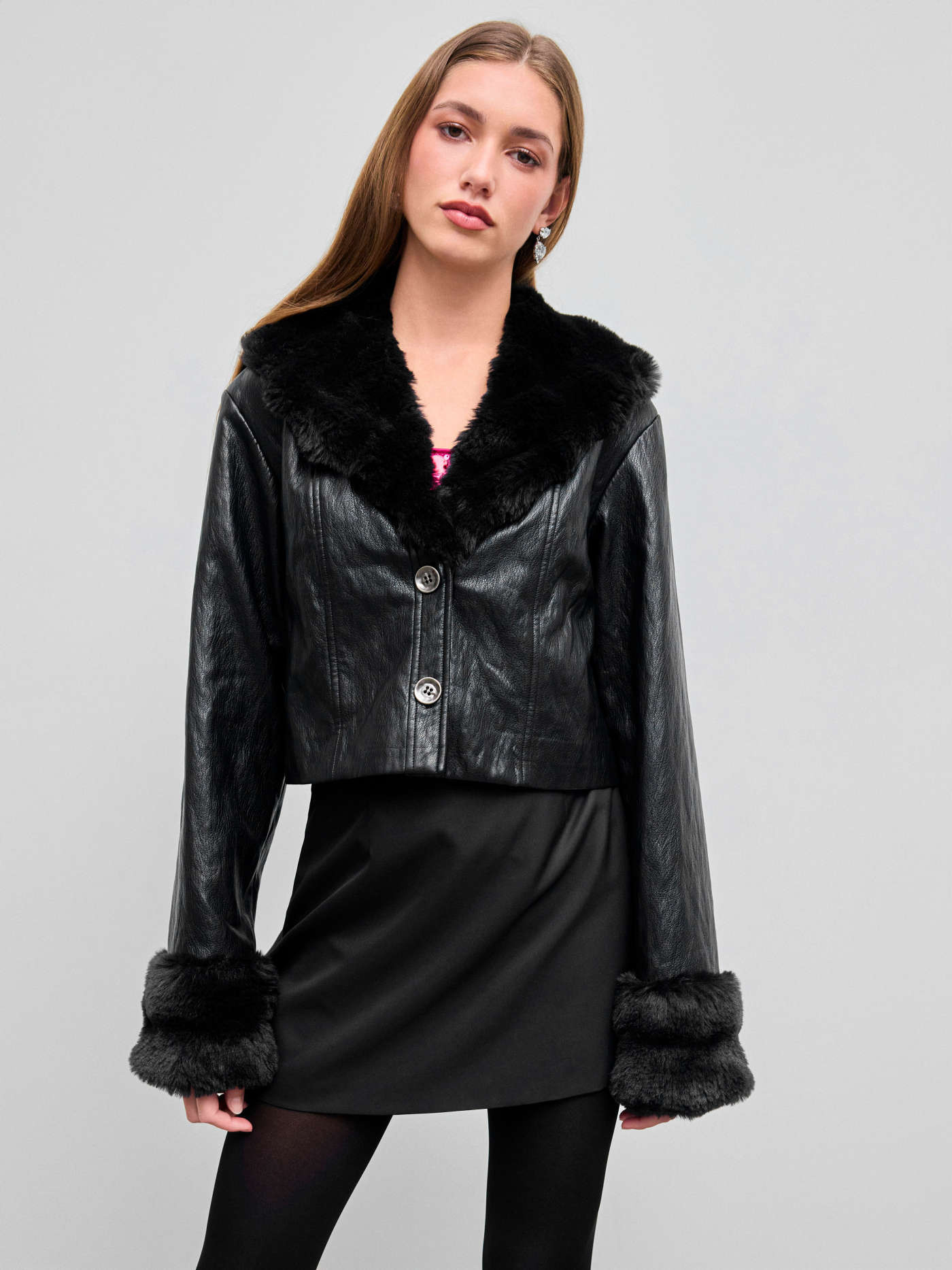 Faux Leather Collar Button Shearling Jacket | Cider