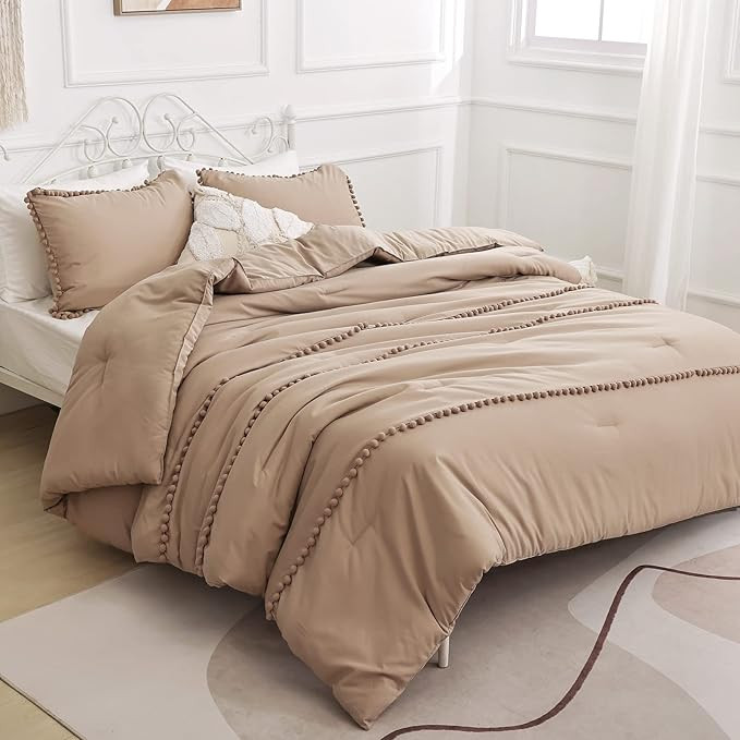 YIRDDEO 3 Striped Taupe Queen Ball Pom Fringe Design Comforter Set 3pcs, 3 Piece Boho Aesthetic L... | Amazon (US)