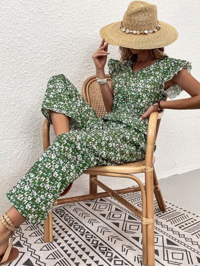 Ditsy Floral Button Front Ruffle Trim Jumpsuit | SHEIN