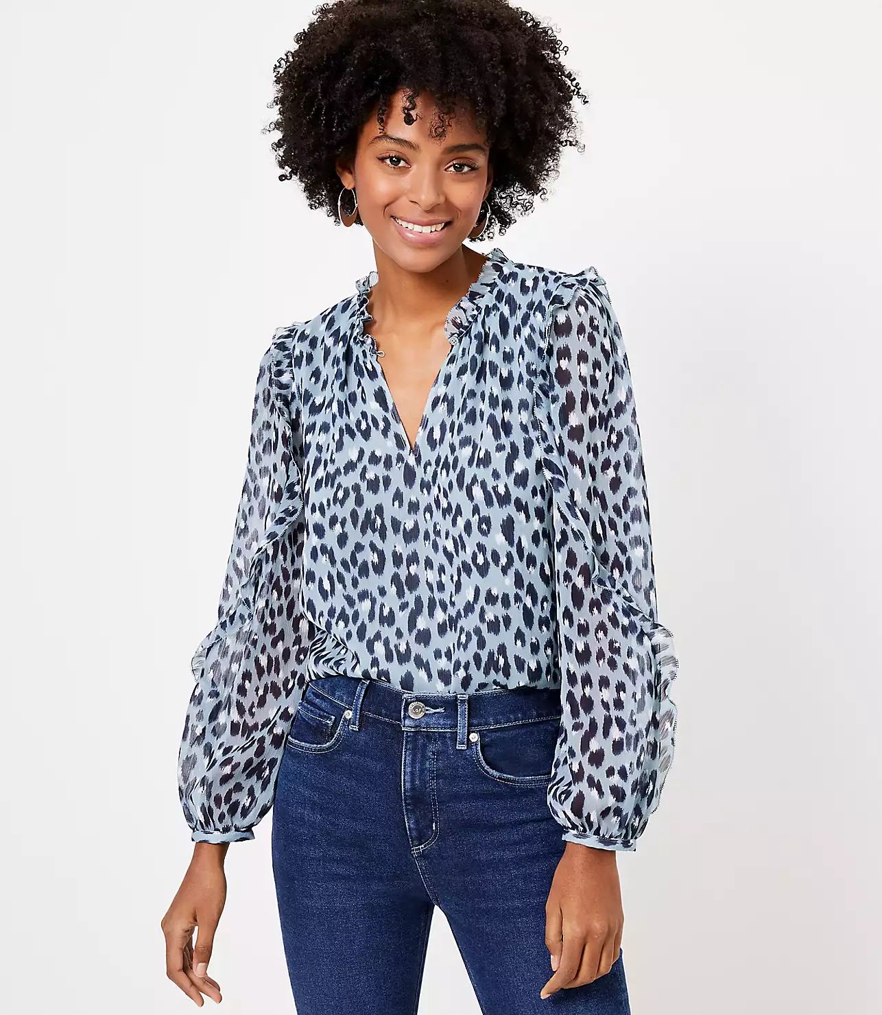 Leopard Print Ruffle Sleeve Blouse | LOFT