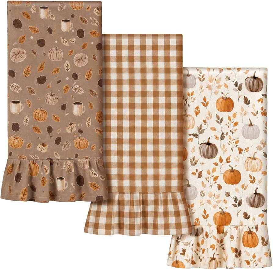 Fanfanwin 3 Pcs Fall Pumpkins Kitchen Towels, 100% Cotton Ruffled 17" x 28" | Amazon (US)