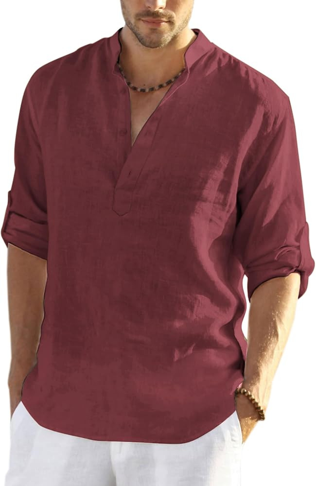 COOFANDY Men's Cotton Linen Henley T-Shirts Long Sleeve Casual Beach Shirts | Amazon (US)