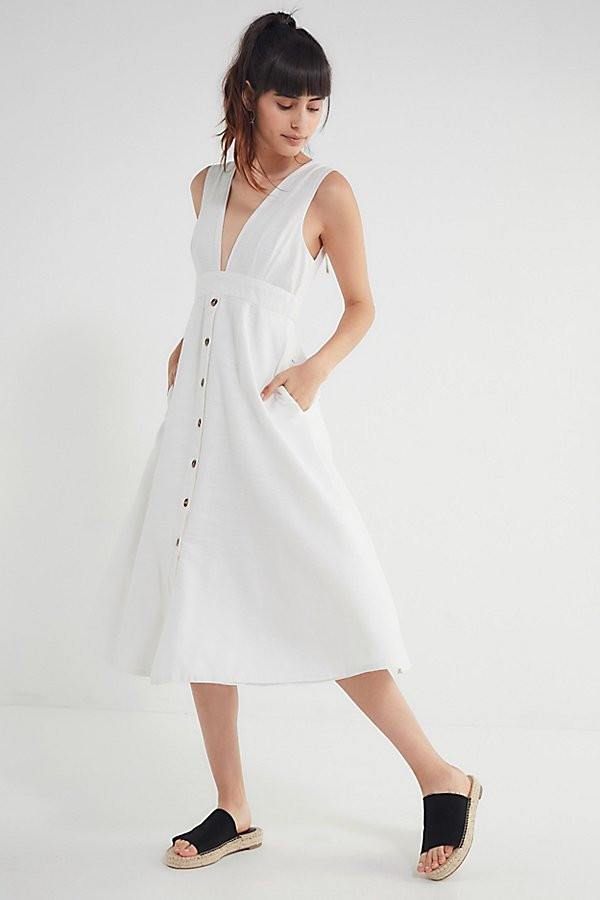 UO Millie Plunging Linen Midi Dress - White 0 at Urban Outfitters | Urban Outfitters (US and RoW)