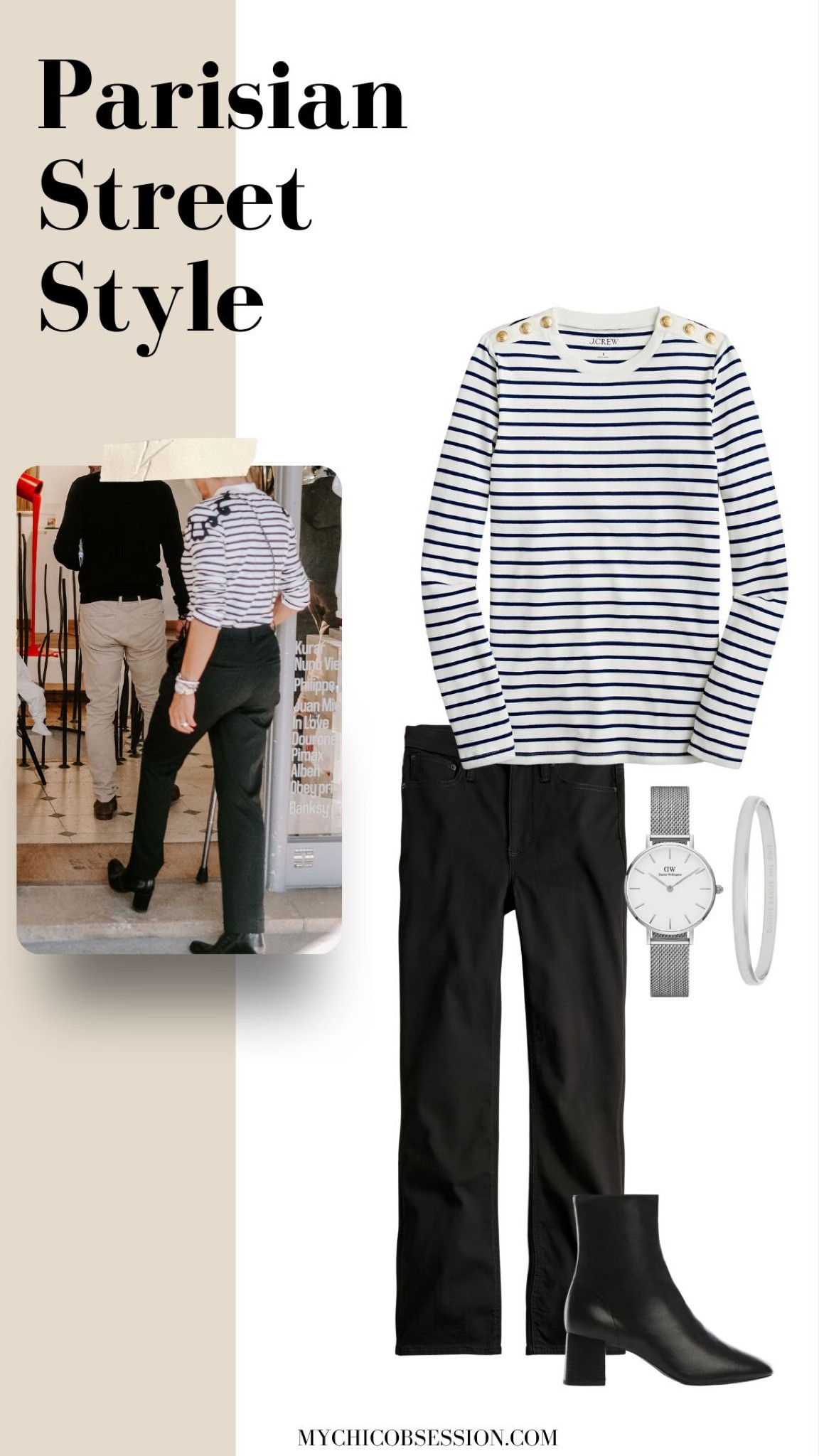 For this Parisian street style look, layer a striped sweater or tee (bonus points if it has a fun shoulder detail) with black pants, silver jewelry and details, and black boots. 

#LTKstyletip #LTKSeasonal