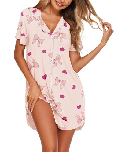 Ekouaer Nightgowns for Women Button Down Sleepshirts Short Sleeve Nightshirts Pajama Dress Pink Bow XL | Amazon (US)