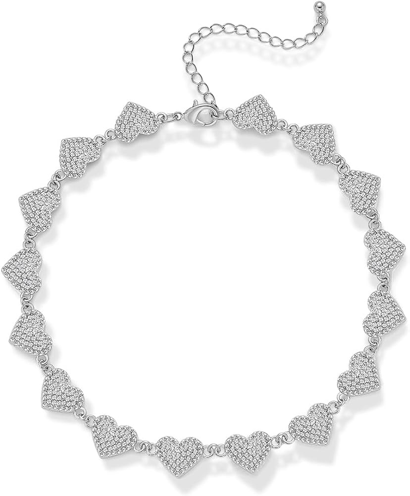 Silver Plated Heart Choker Necklaces For Women Rhinestone Heart Charm Necklaces Short Silver Stat... | Amazon (US)
