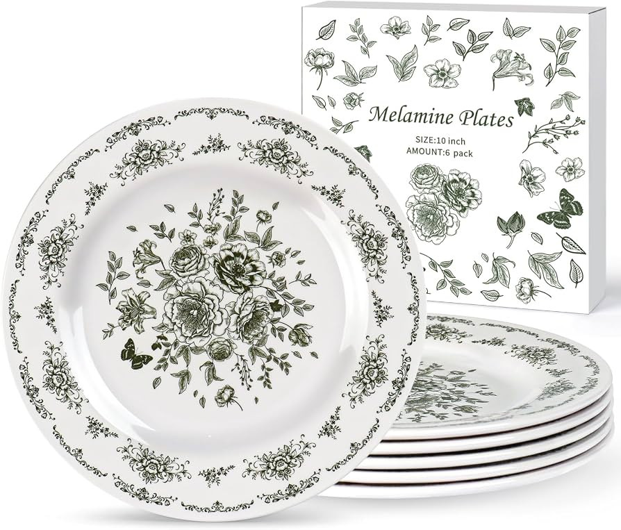 6 Piece Vintage Melamine Dinner Plates 10 inch Green and White Floral Decorative Plates Unbreakab... | Amazon (US)