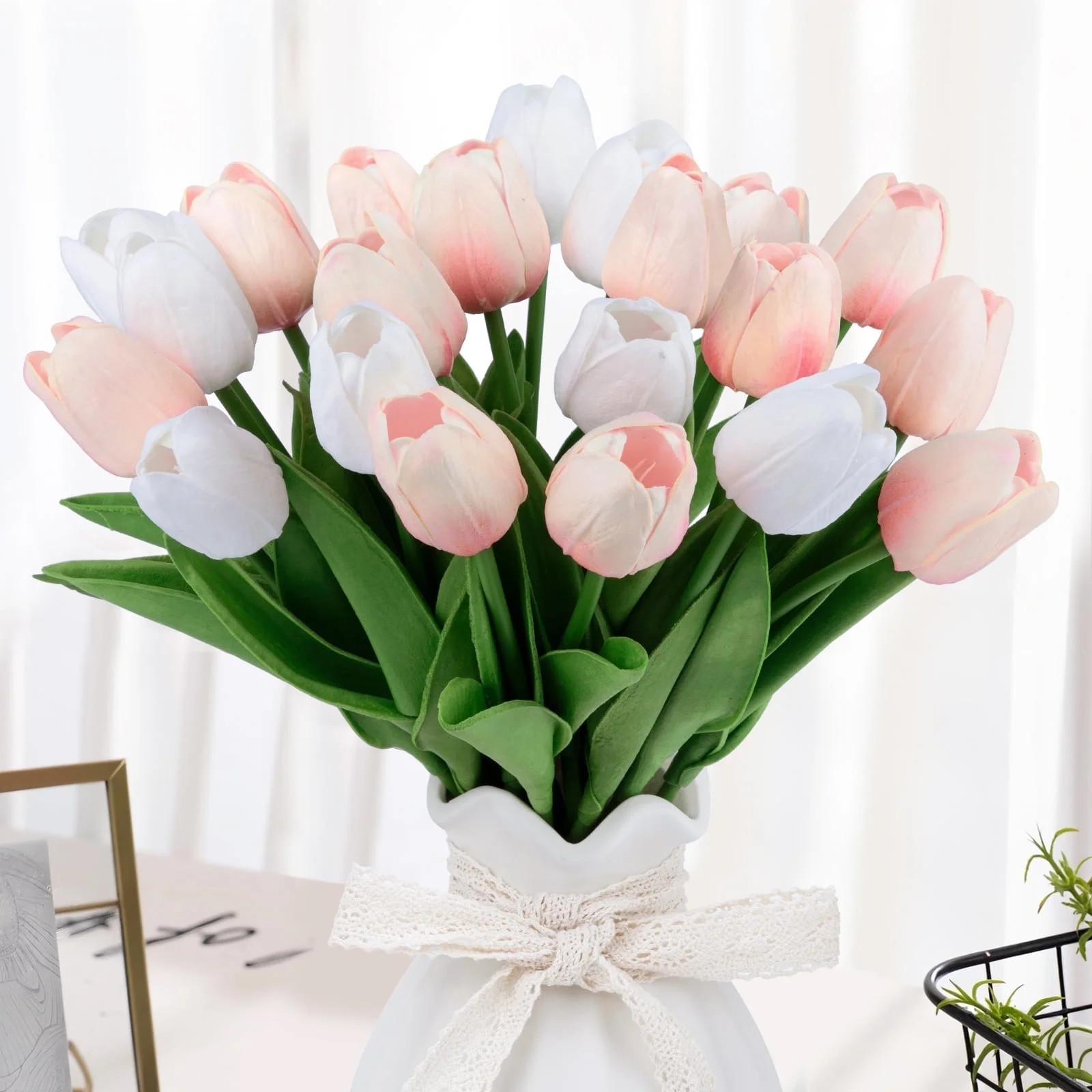 Scidweet 20 Pcs Artificial Flowers Fake Tulip, Pink White Tulip Flowers for Spring Indoor Table W... | Walmart (US)