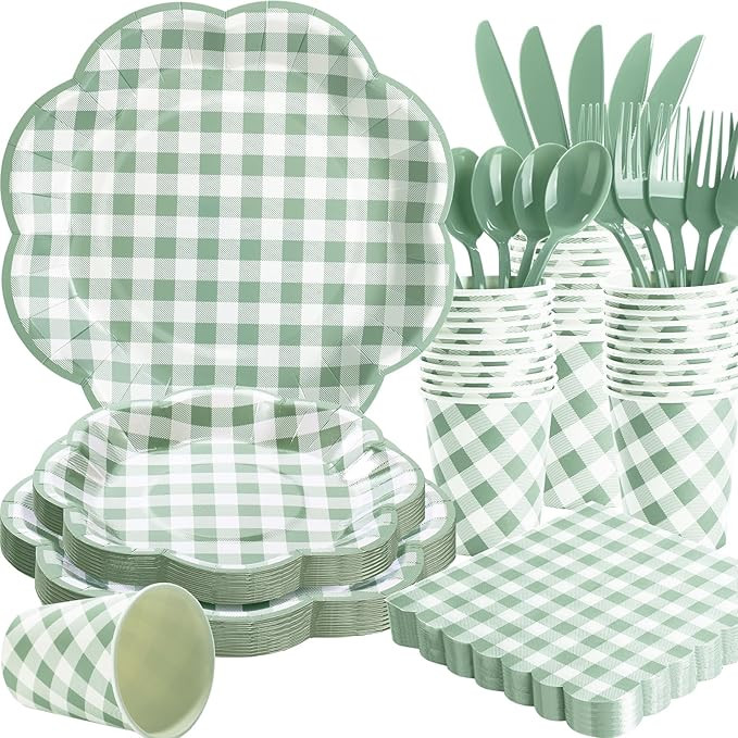 175 Pcs Sage Green Gingham Paper Plates and Napkins Party Supplies - Sage Green and White Checker... | Amazon (US)