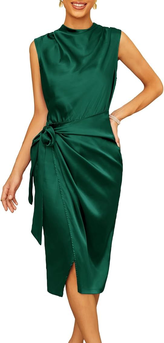 GRACE KARIN Women's Satin Sleeveless Mock Neck Keyhole Bodycon Dresses Cowl Neck Tie Waist Faux W... | Amazon (US)
