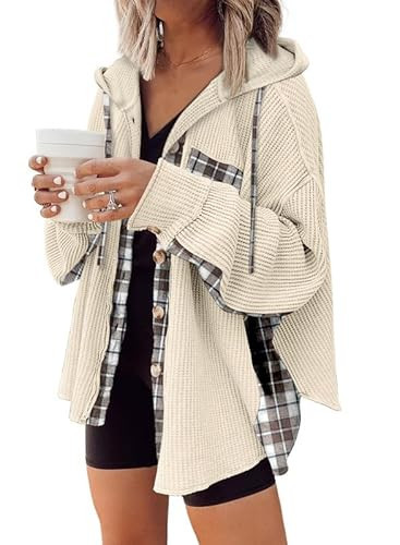 SHEWIN Womens Waffle Knit Plaid Shacket Hooded Jacket, Beige, Size 2XL | Amazon (US)