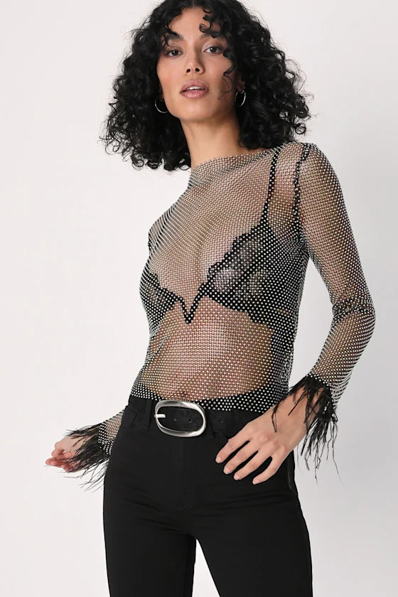Charlize Black Mesh Rhinestone Long Sleeve Top | Lulus (US)