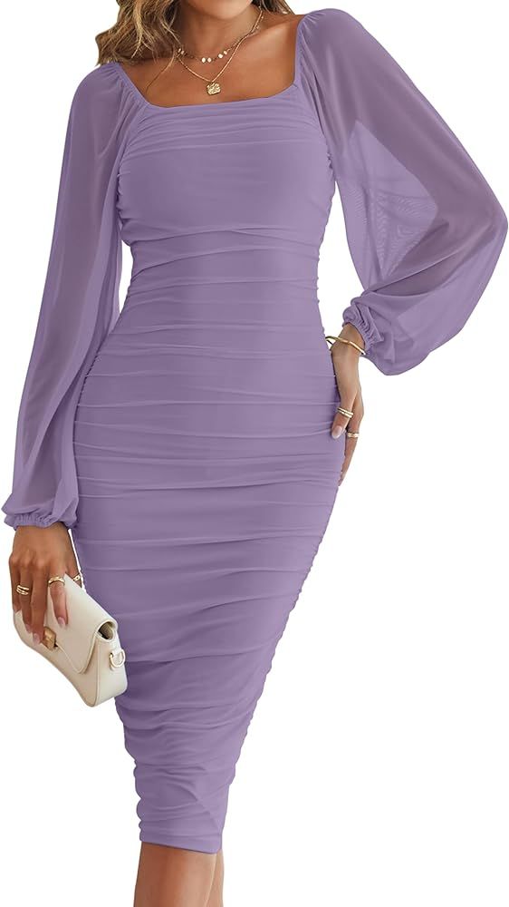 MEROKEETY Women's Long Puff Sleeve Ruched Bodycon Dress Square Neck Mesh Cocktail Party Midi Dres... | Amazon (US)