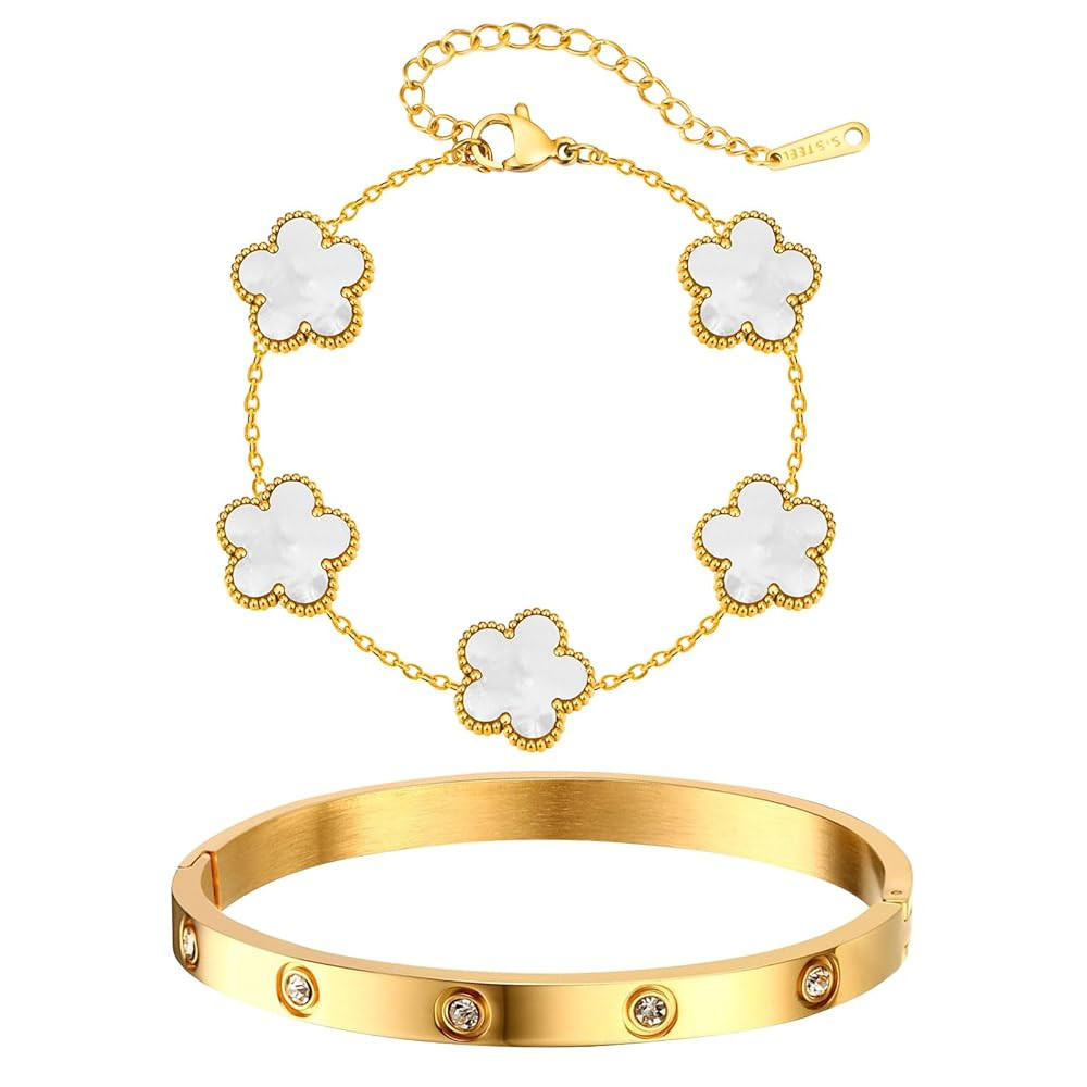 MPRAINBOW Womens Stackable Gold Bracelets Jewelry, 18K Gold Plated Floral Bracelet,Bangles Non Ta... | Amazon (US)