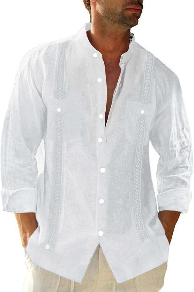 Cuban Guayabera Shirts for Men Mexican Style Short/Long Sleeve Linen Beach Button Down Shirts for... | Amazon (US)