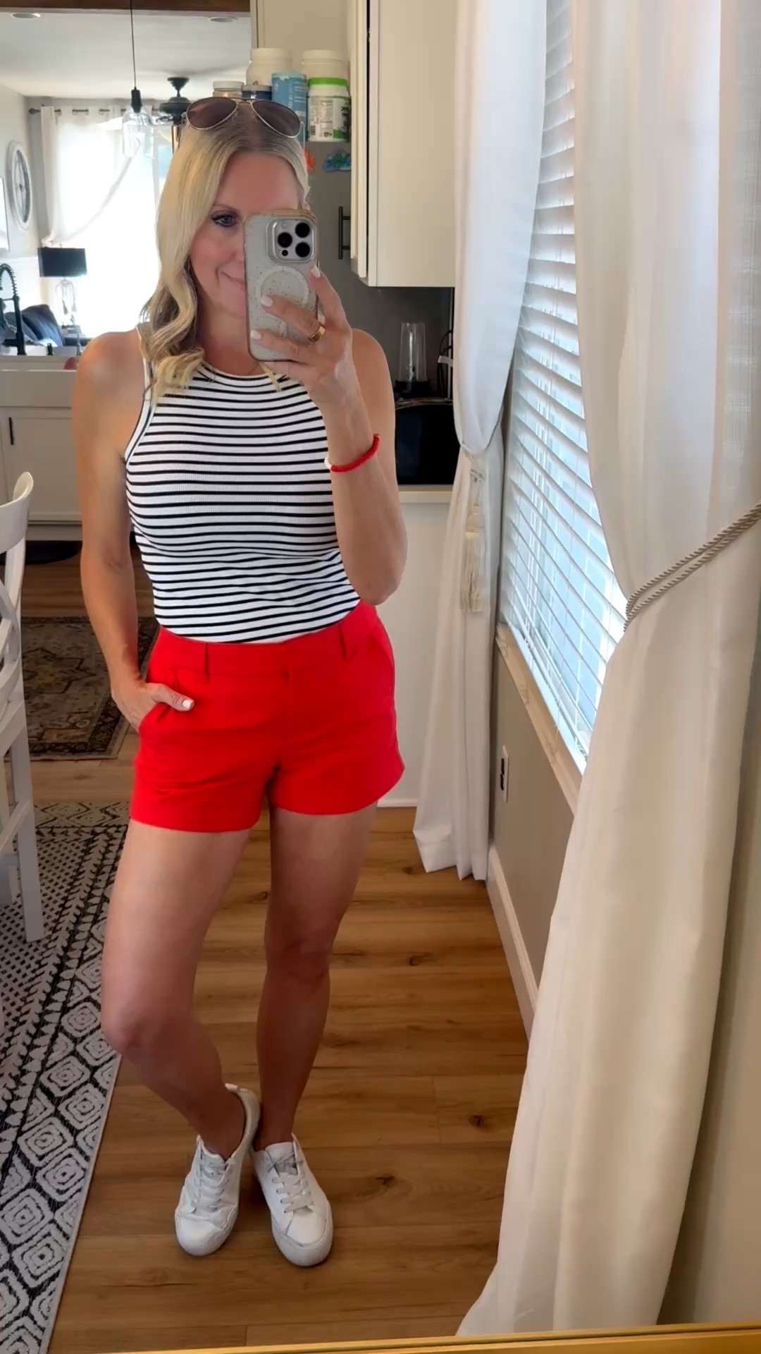 Memorial Day OOTD!

Heading home from Cali in my new patriotic fit, available @jcrewfactory! Wearing size 2 chino 3.5 in shorts (red is available but another color linked below), S navy striped razor back tank, & 7 platform sneaks.