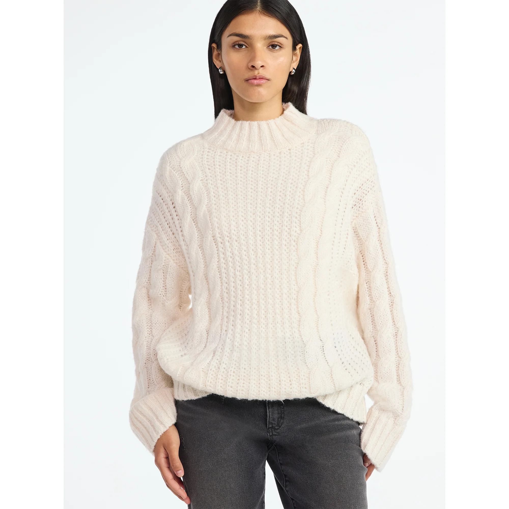 Scoop Women’s Oversized Cable Knit Sweater, Midweight, Size XS-XXL | Walmart (US)