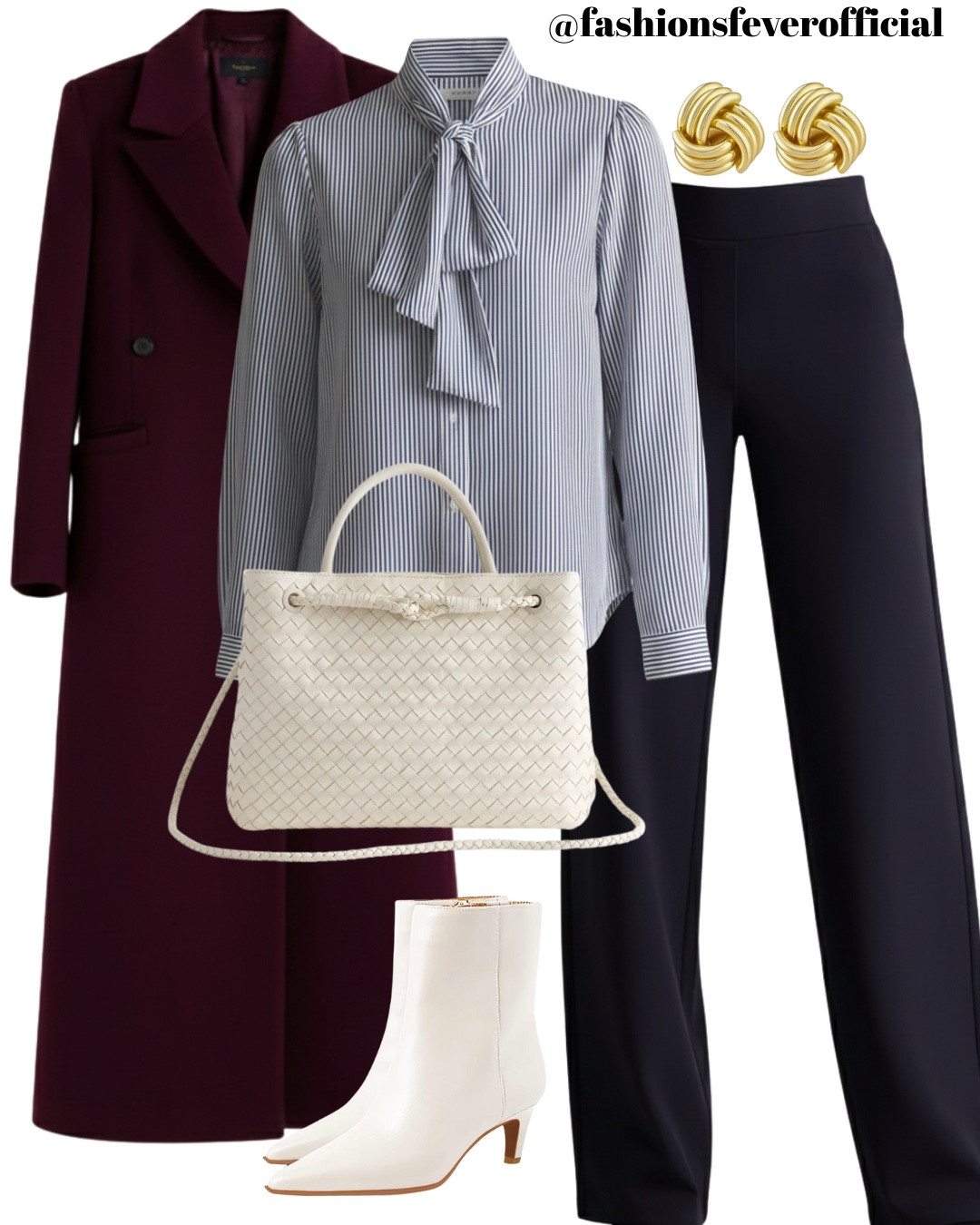 Effortlessly polished with a Parisian vibe
This tailored look pairs a burgundy wool coat with a striped bow-tie blouse and sleek black wide-leg trousers for a timeless, work-to-dinner outfit. Finished with white ankle boots, a woven white top-handle bag, and gold statement earrings for a modern, elevated touch.
Perfect for office days, meetings, or chic city strolls.

Classic
Elegant
Timeless layering

Shop each piece below ⬇️

Flatlay shows the actual items. AI-generated image used for outfit inspiration only.
#LTKFashion #LTKStyletip


#LTKSeasonal #LTKWorkwear #LTKootd