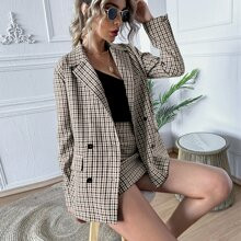 Plaid Double Button Blazer With Skirt | SHEIN