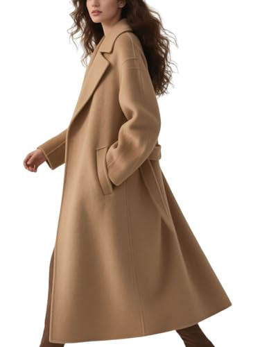 utcoco Women's Oversized Long Winter Wool Coat Belted Notch Lapel Maxi Trench Coat Overcoat (X-Small, Light Camel) | Amazon (US)