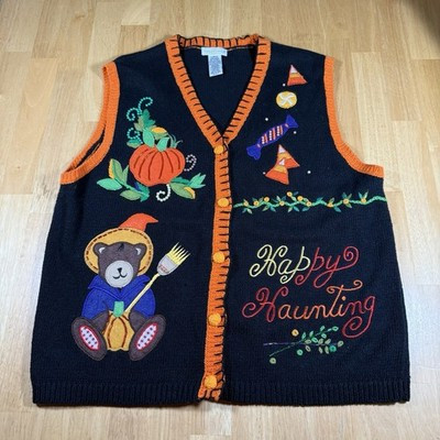 Vintage Yarnworks Halloween Sweater Vest Size L Happy Haunting Cardigan V-neck | eBay US