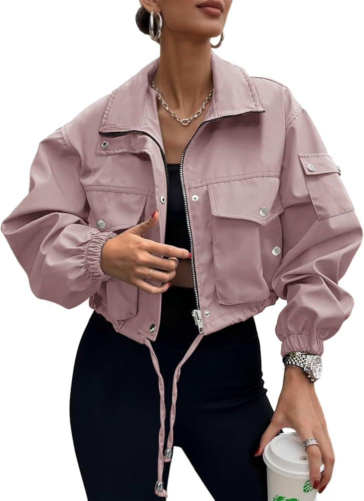 Womens Cropped Bomber Jacket 2026 Trendy Zip Up Lightweight Utility Anorak Coat With Pockets | Amazon (US)