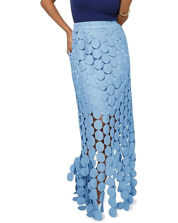 Cicy Bell Womens Hollow Out Maxi Skirts Summer High Waisted Boho Fringe Hem Long Skirt | Amazon (US)