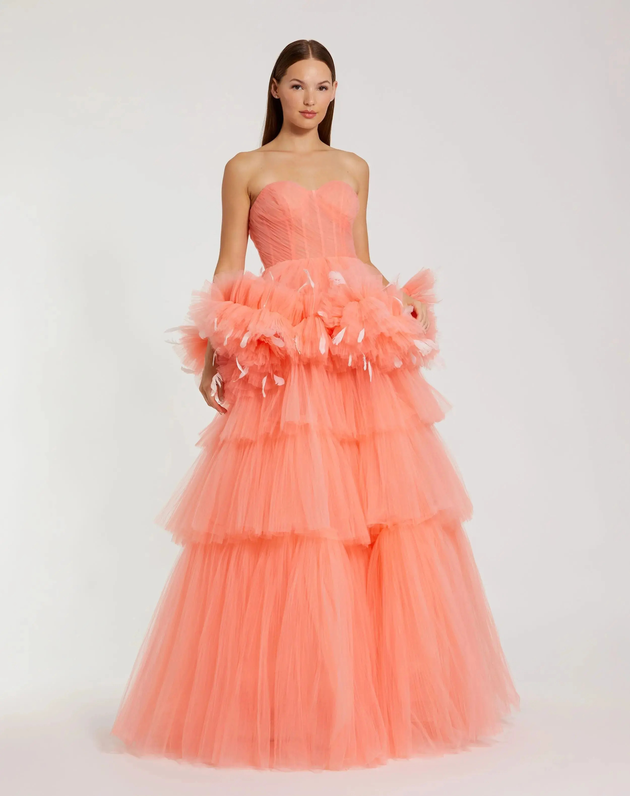 Mac Duggal - Orange Strapless Tulle Gown with Feather Detail - FINAL SALE - US 10 | Mac Duggal