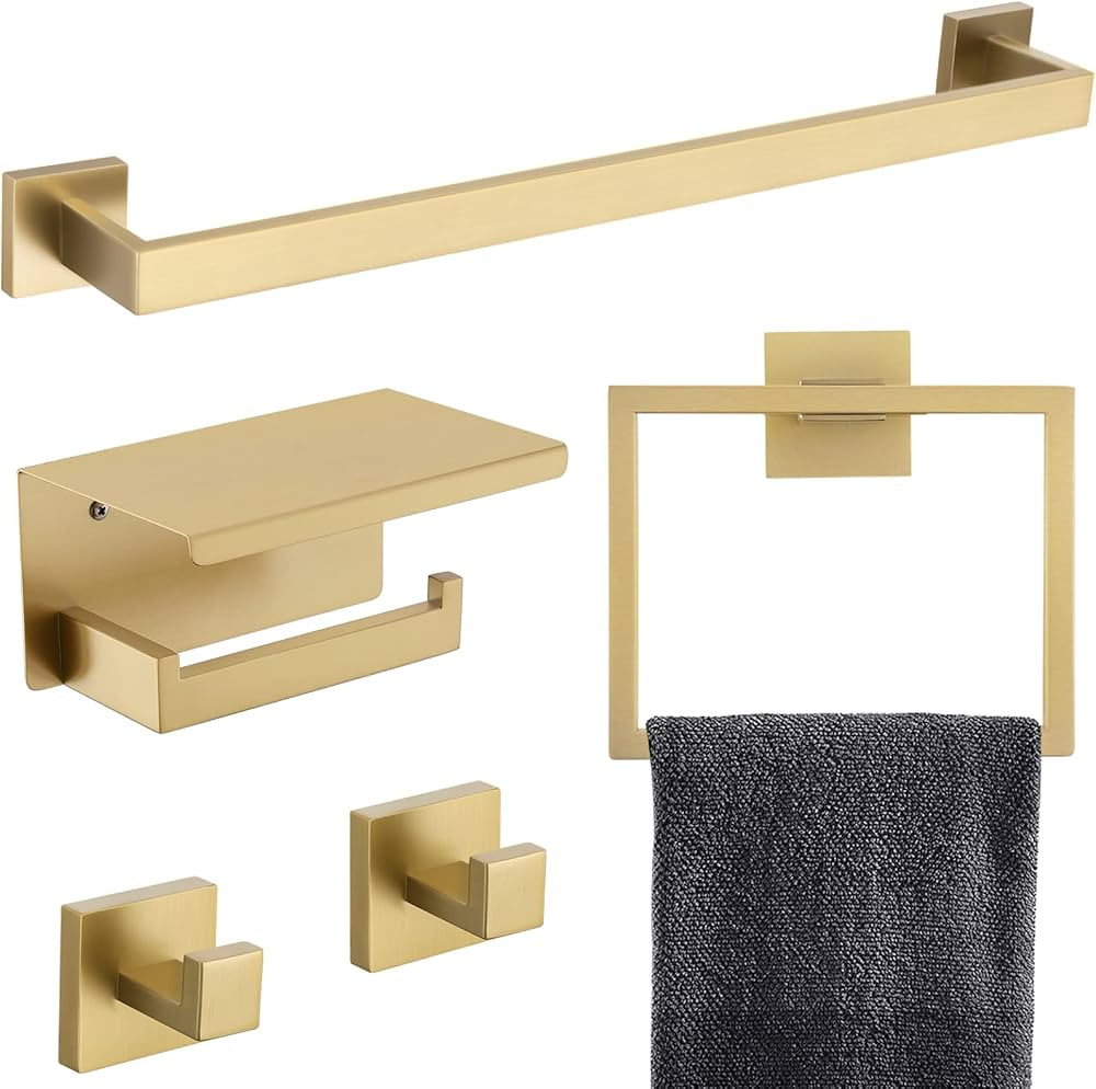 TNOMS 5-Piece Bathroom Hardware Set 23.6 Inch Gold Towel Bar Set Towel Bar Towel Ring Coat Hook a... | Amazon (US)