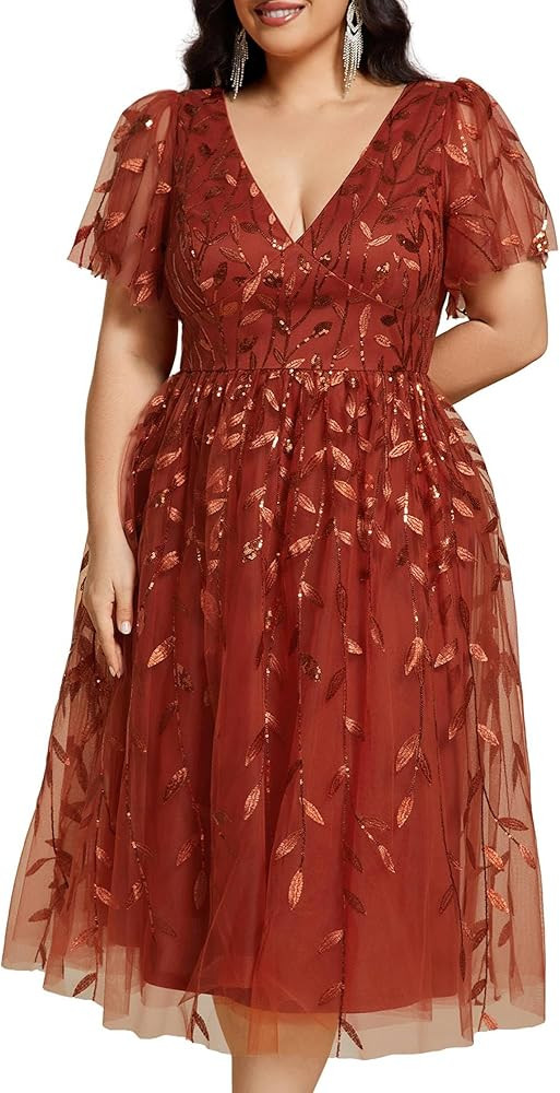 Ever-Pretty Plus Women's V Neck Short Sleeves Embroidery Empire Waist Sequin Plus Size Midi Cockt... | Amazon (US)