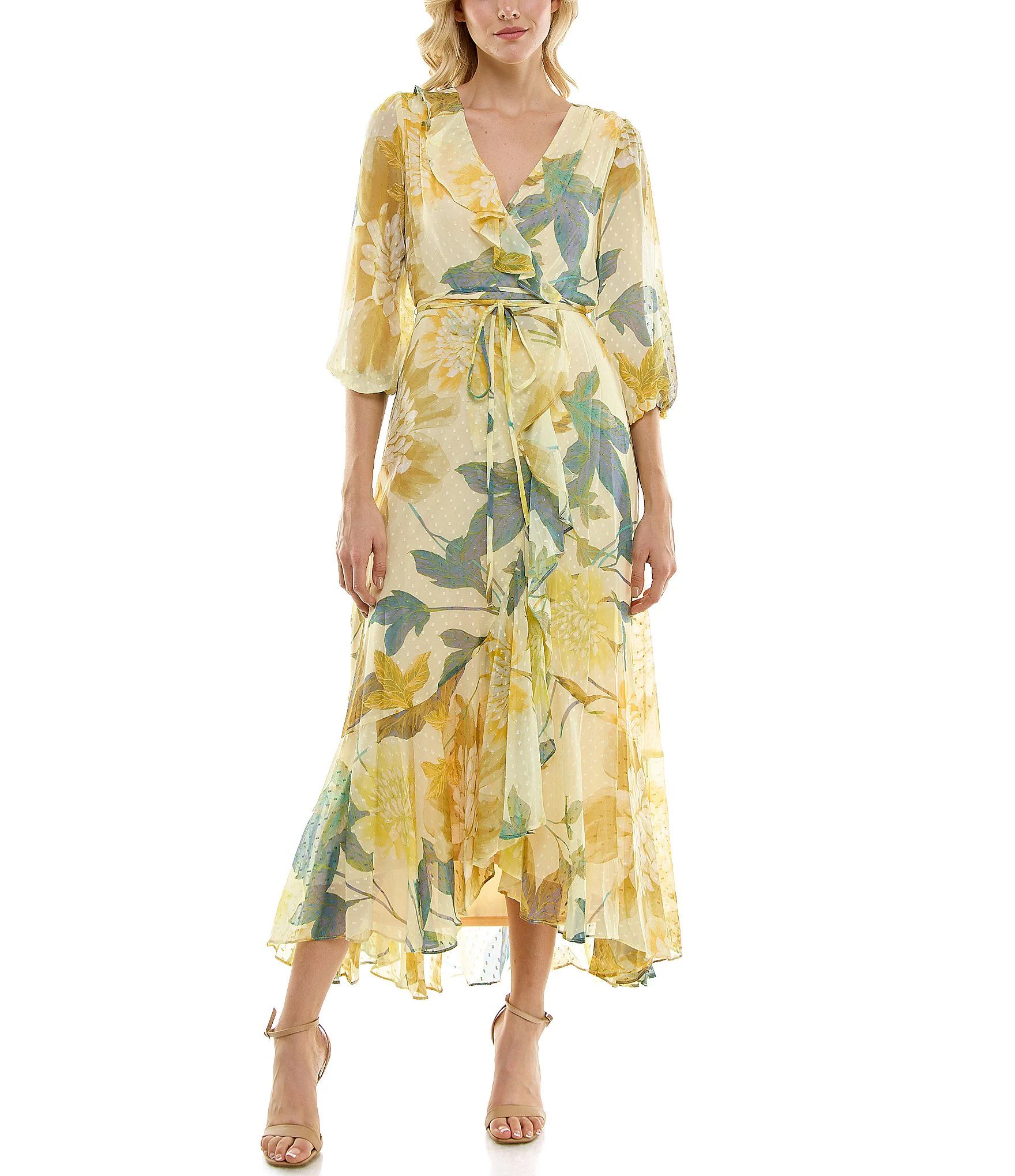 3/4 Sleeve V-Neck Floral Chiffon Faux Wrap Maxi Dress | Dillard's