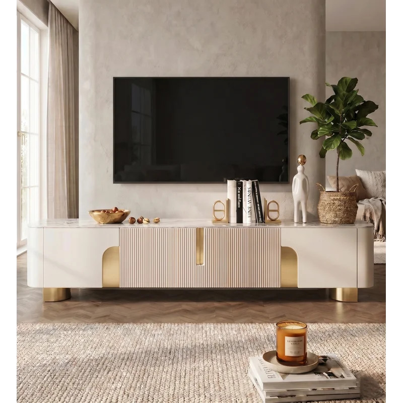 Harkless 78.74'' Modern Beige Rectangular TV Stand With 4 Storage, Media Console With Gold Stainl... | Wayfair North America