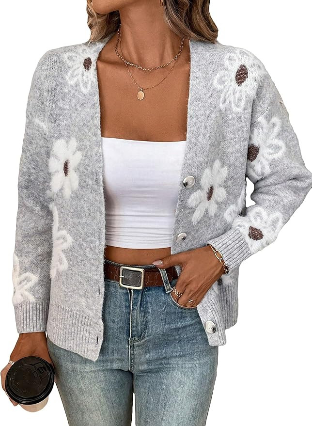 SHENHE Women's Floral Print Button Down Cardigan V Neck Drop Shoulder Knit Outerwear | Amazon (US)