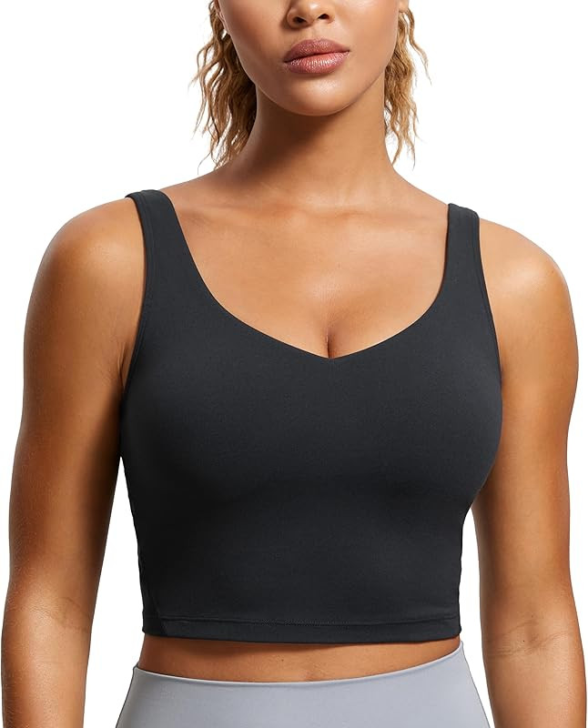 CRZ YOGA Butterluxe Womens V Neck Longline Sports Bra - Padded Workout Crop Tank Top with Built i... | Amazon (US)