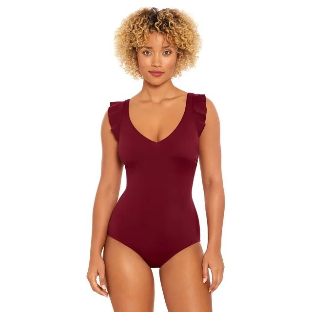 Time and Tru Women's and Plus Solid Ruffle Strap One Piece Swimsuit, Sizes S-3X | Walmart (US)