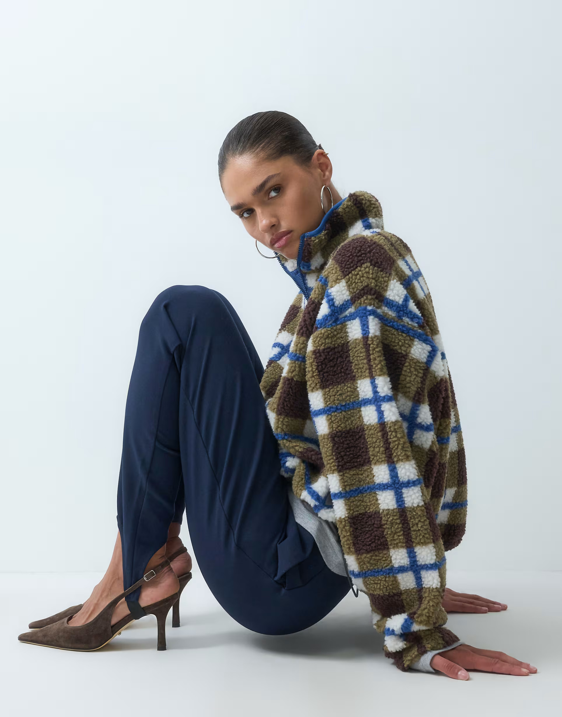ASOS DESIGN half zip bubble hem borg fleece in check print | ASOS (Global)
