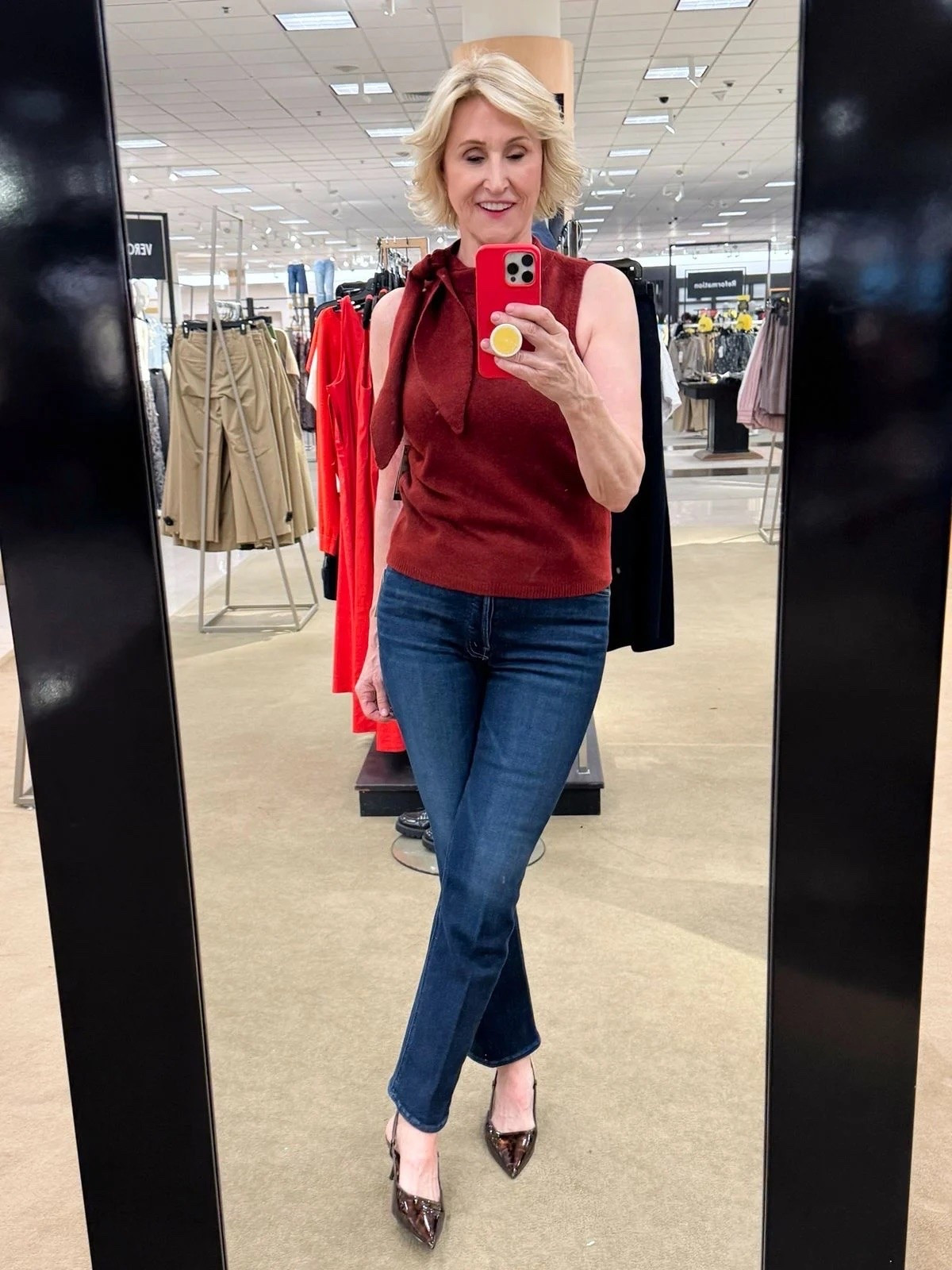 Burgundy is definitely having a moment in my fall wardrobe 🍷🍂 I love how this short-sleeve sweater with the pretty neck tie adds just enough detail to a classic pair of denim jeans. Add my favorite slingbacks and you have one of those easy, pulled-together outfits that doesn’t feel like you tried too hard.

#LTKOver40 #LTKSeasonal #LTKootd