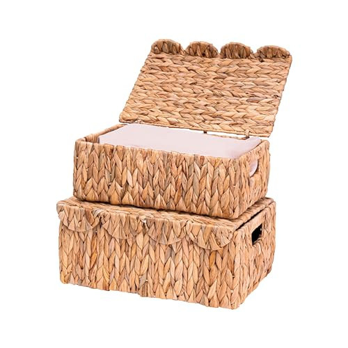 LUSYDECO Scalloped Edge Wicker Basket with Lids, Rectangle Wicker Storage Basket with Built-in Handles, Multipurpose Organizer Rattan Display Boxes for Shelf, Nursery Room, Set of 2 | Amazon (US)