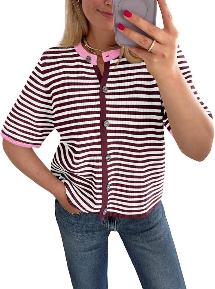 Saodimallsu Womens Short Sleeve Cardigans Lightweight Striped Button Down Crew Neck Spring Summer... | Amazon (US)