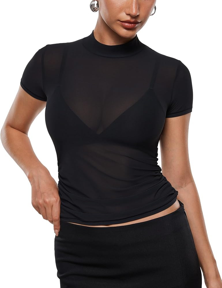 INLYRIC Women's Cosnufy Mesh Sheer Short Sleeve Shirts See Through Mock Neck Ruched Summer Going ... | Amazon (US)