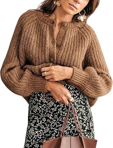 Women's Long Sleeve Casual Open Front Cardigan Sweaters Crewneck Button Down Knit Lady Jackets 2024 Fall Outfits Brown | Amazon (US)