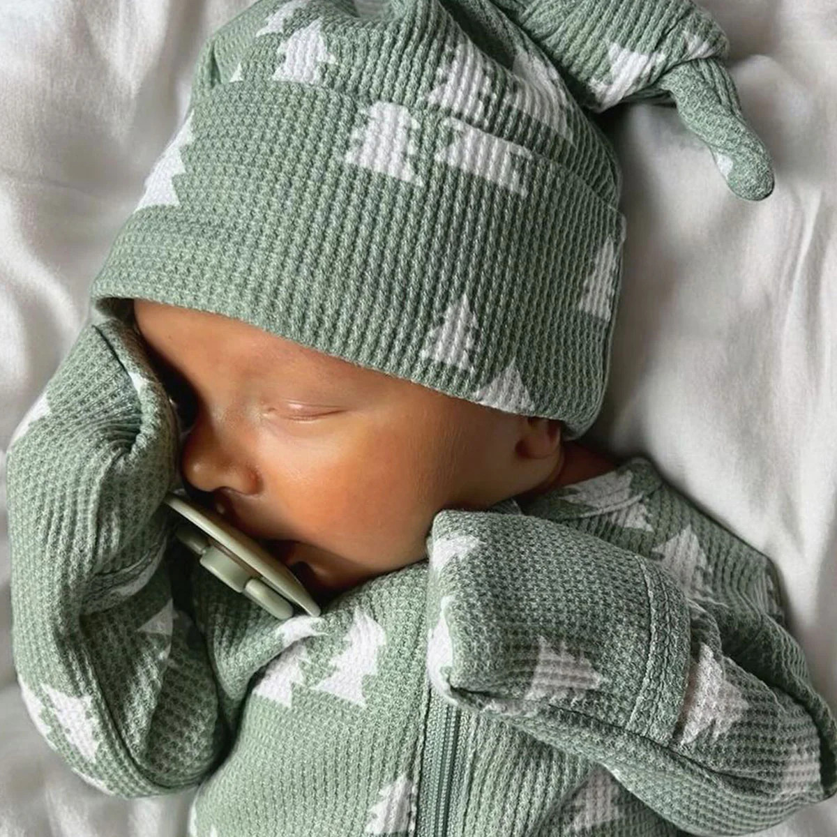 Organic Waffle Knot Beanie, Alpine Trees | SpearmintLOVE