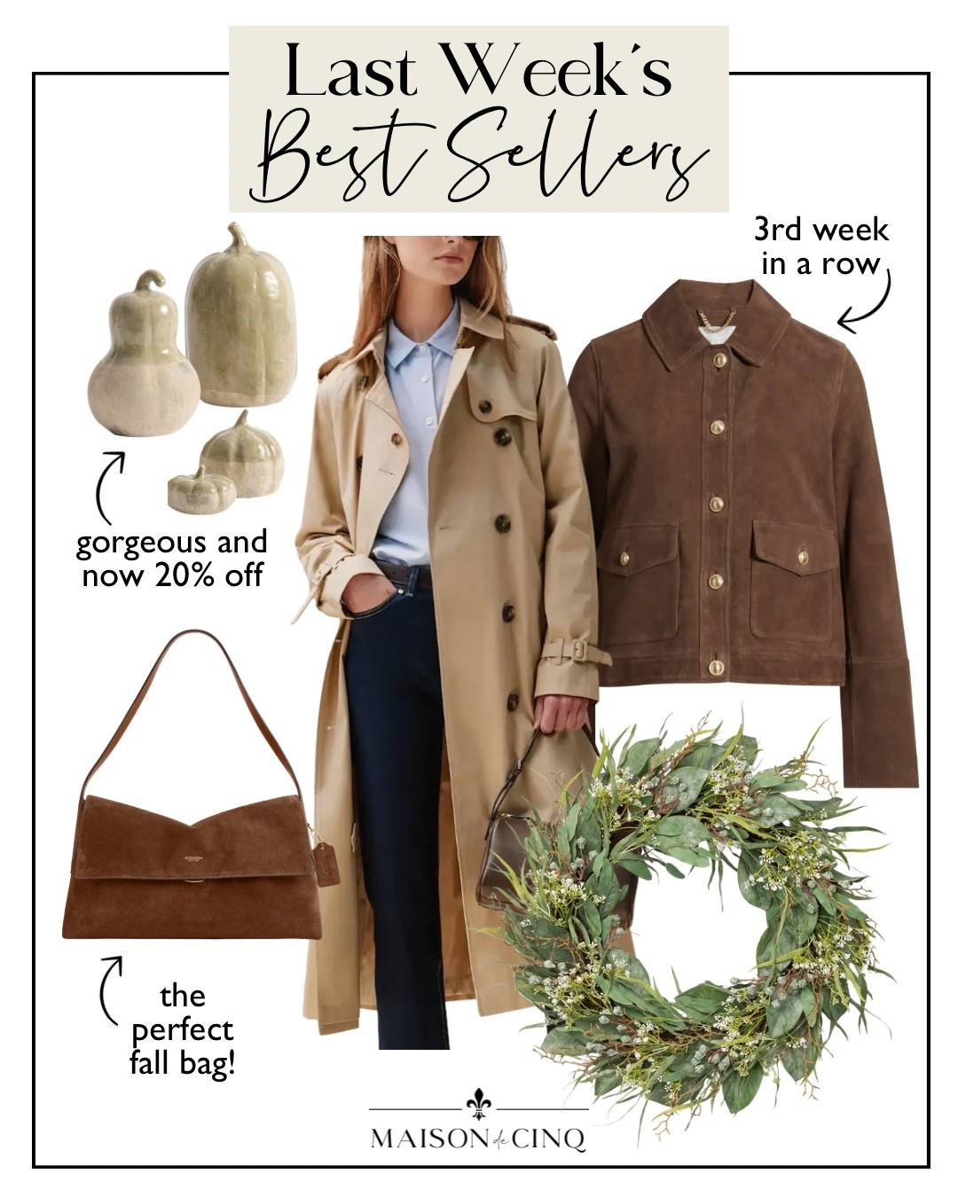 Last week’s best sellers include the perfect fall bag, a suede jacket under $200, gorgeous pumpkins on sale and more!

Fall outfit, fall fashion, trench coat, fall jacket, fall wreath, fall handbag

#LTKSeasonal #LTKOver40 #LTKSaleAlert
