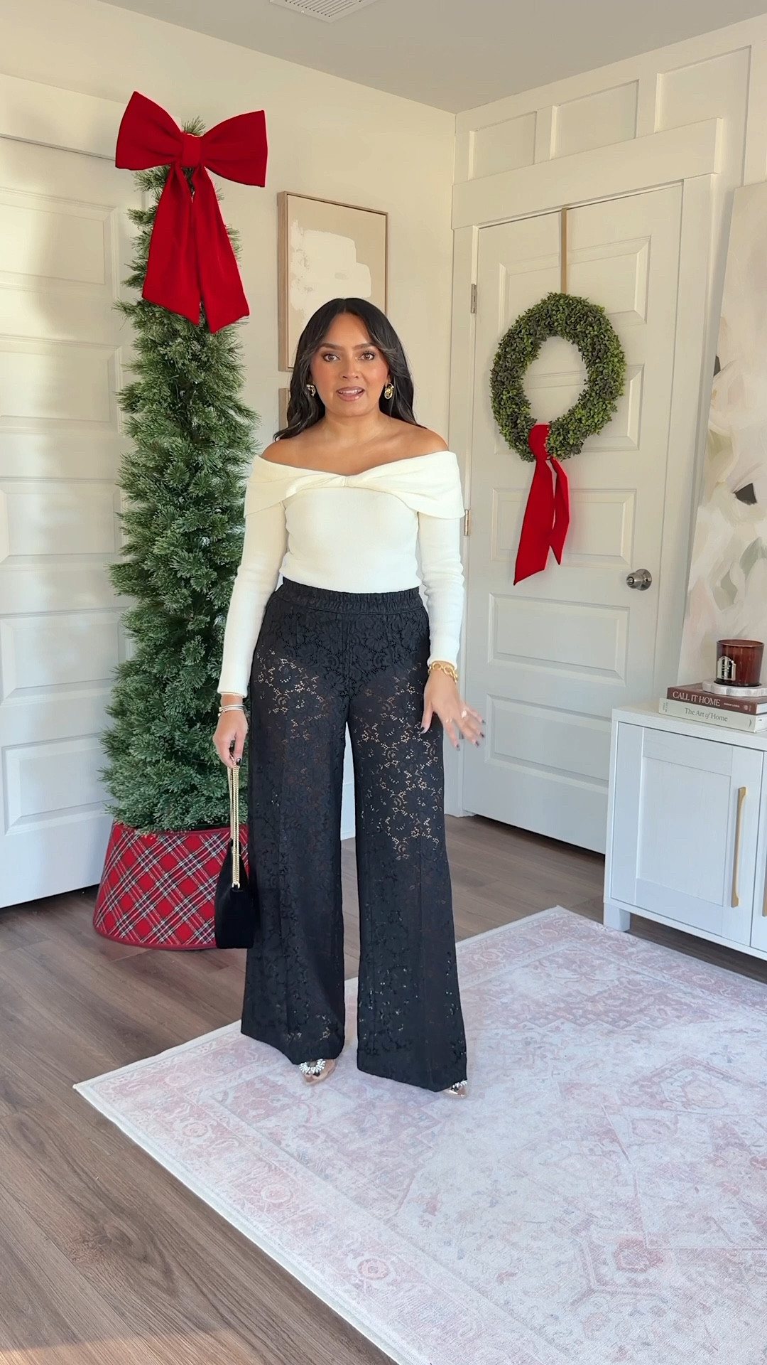 White twist off the shoulder sweater size xs regular tTS
Pull on elastic waistband wide leg lace pants size xs regular - does come in petite but I want a full length pant! 
Rhinestone clear heels - old, similar linked


#LTKSaleAlert #LTKHoliday #LTKPetite