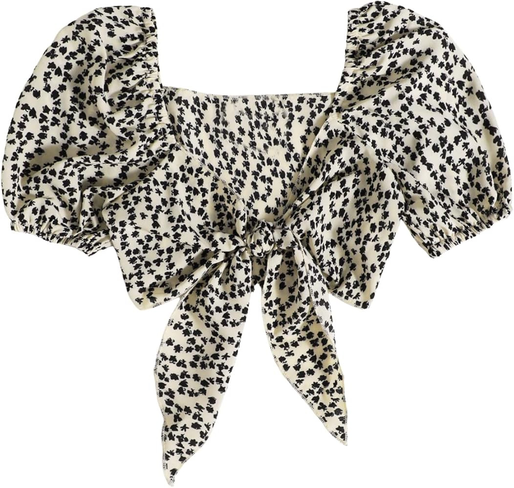 Floerns Women's Ditsy Floral Tie Front Crop Top Puff Short Sleeve Casual Blouse Shirt | Amazon (US)