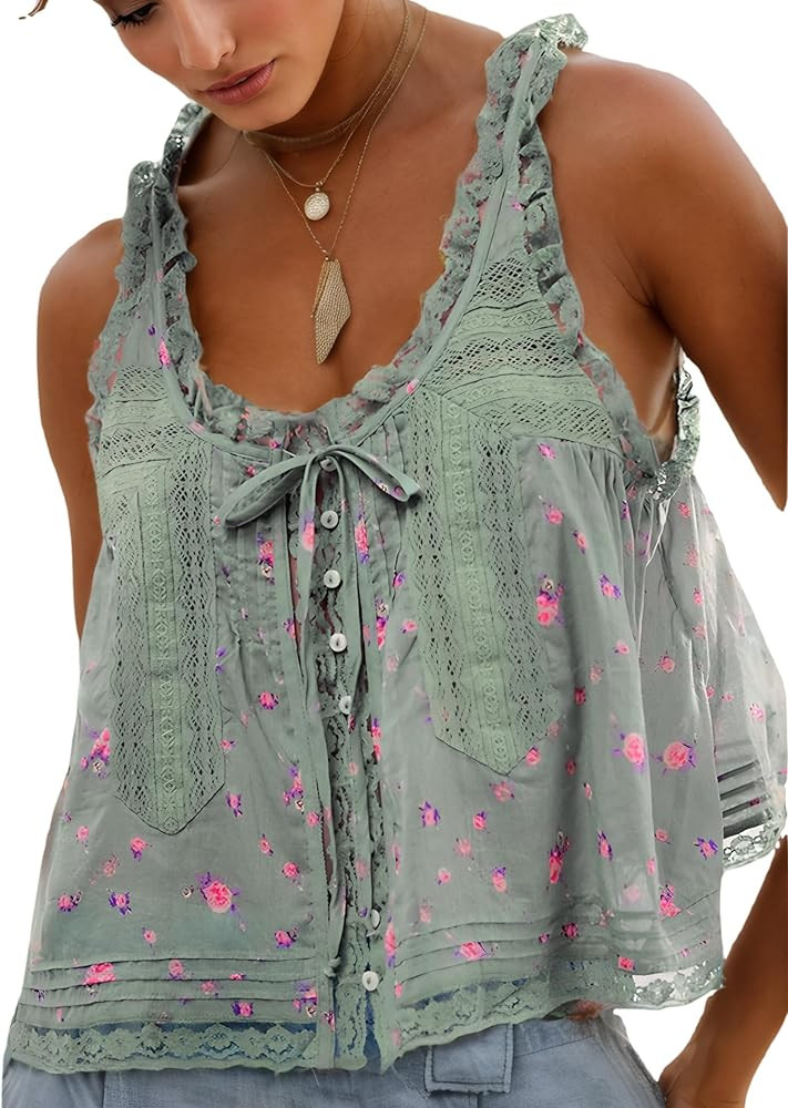 Women Summer Beach Vacation Boho Tie Front Tank Top Lace Y2k Button Down Cardigan Fashion Crop To... | Amazon (US)