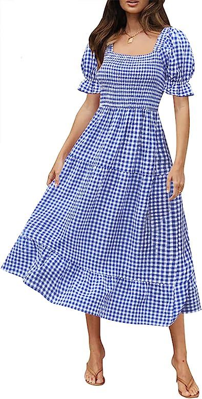 MEROKEETY Women's Plaid Square Neck Ruffle Puff Sleeve Midi Dress Summer Boho Backless Smocked Dress | Amazon (US)