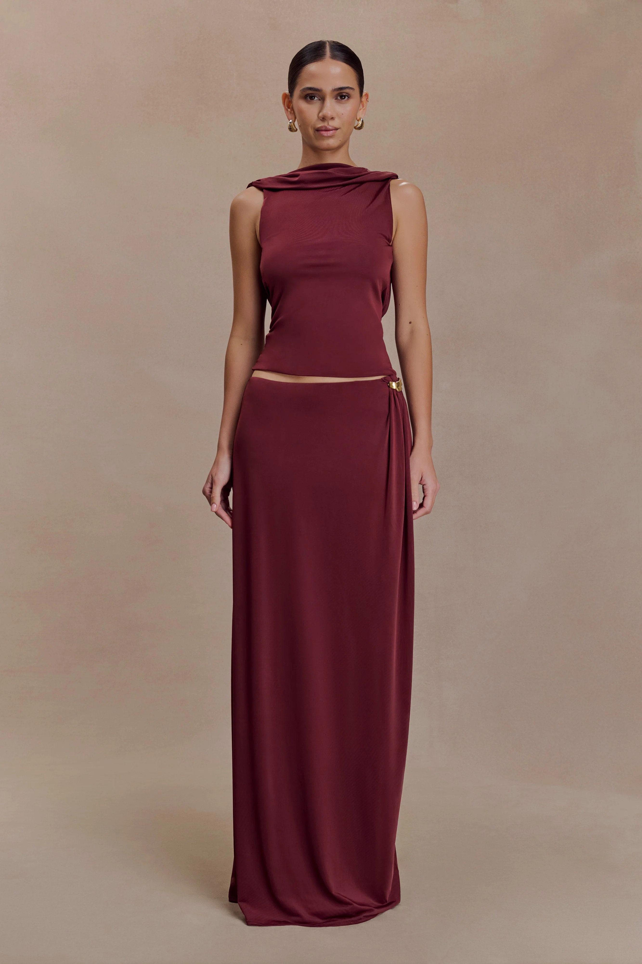 Bridget Slinky Maxi Skirt With Hardware - Burgundy | Meshki UK