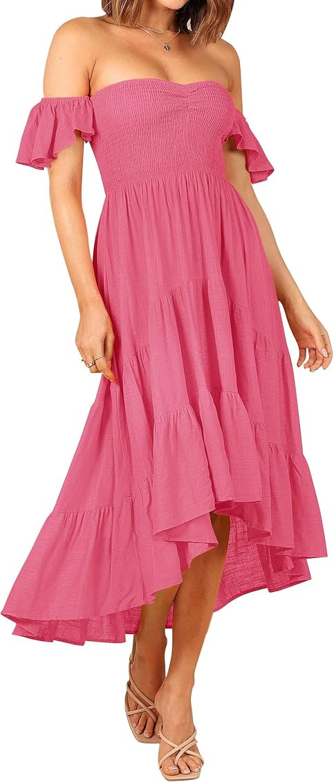 ZESICA Women's 2023 Summer Boho Off Shoulder Short Sleeve Smocked Ruffle Swing High Low Mermaid C... | Amazon (US)