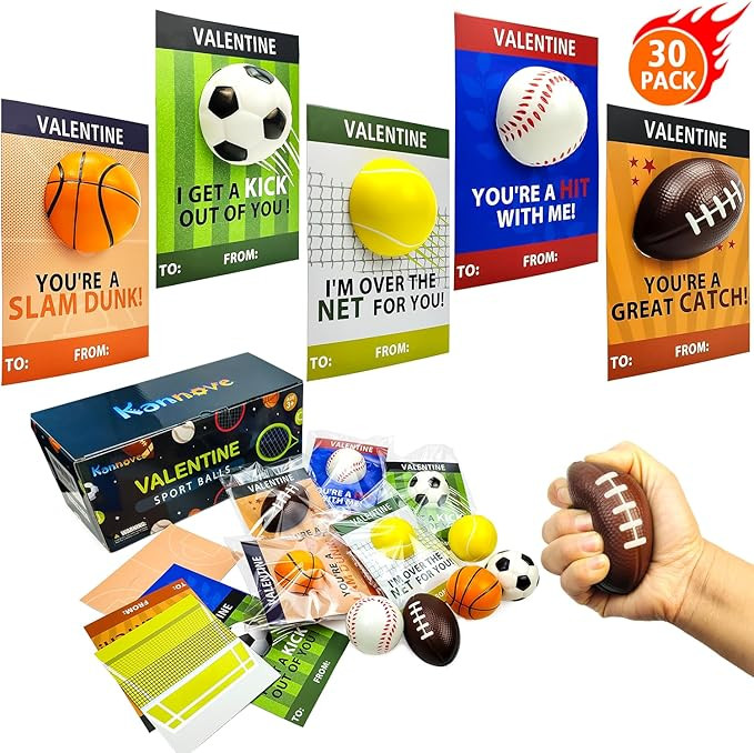 Valentines Day Sports Gifts Cards for Kids School,30 Pack Foam Sport Ball Toys with Classroom Exc... | Amazon (US)